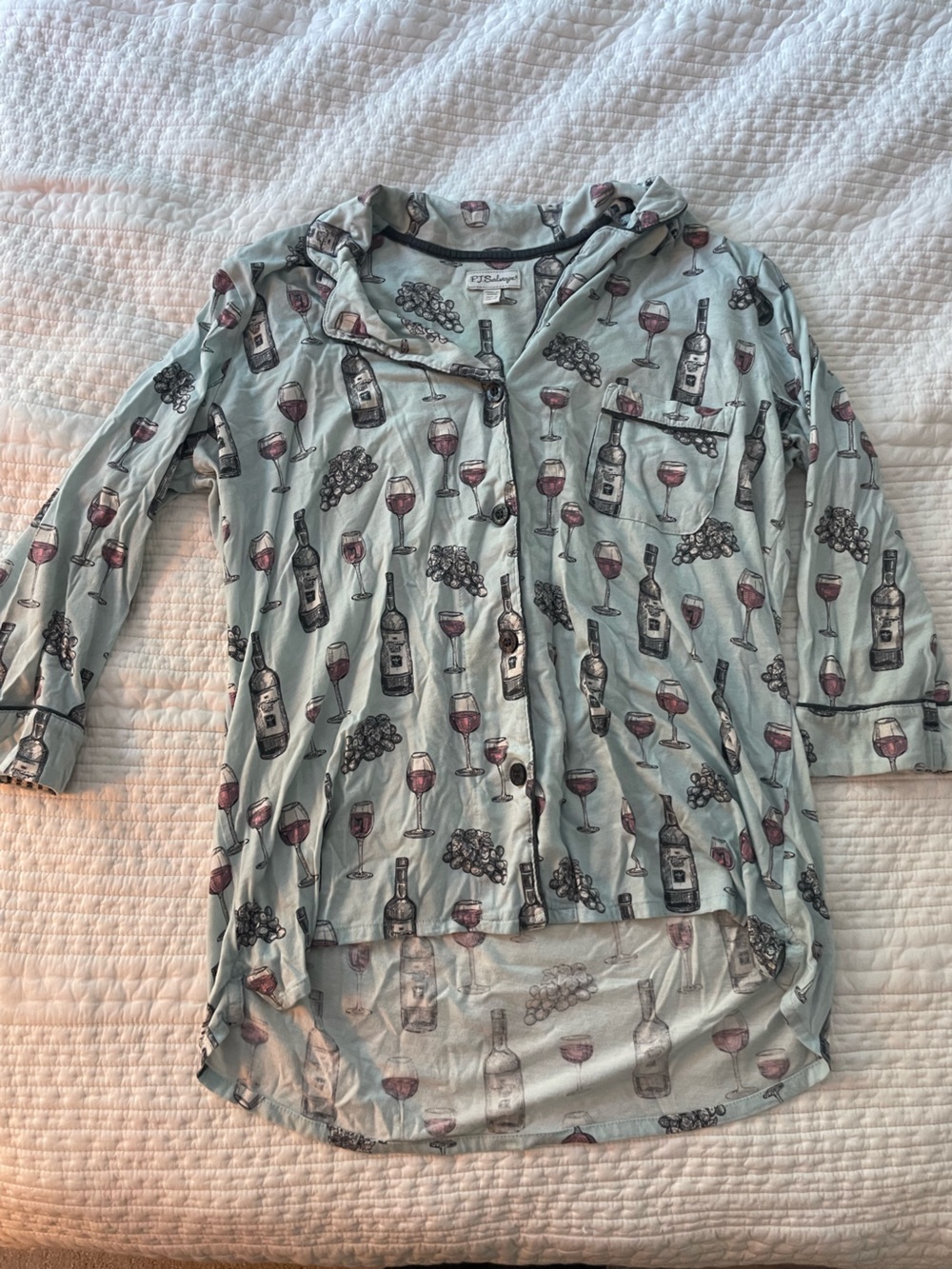 PJ Salvage Light Blue Button-Down Shirt with Wine Bottle & Glass Print